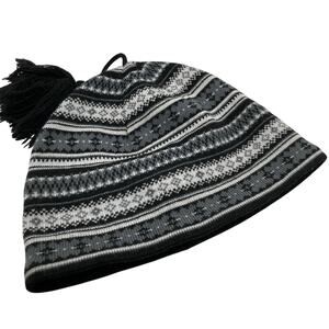 Turtle Fur Black & Gray Fair Isle Wool Blend Fleece Lined Hat Tassel Ski Nordic